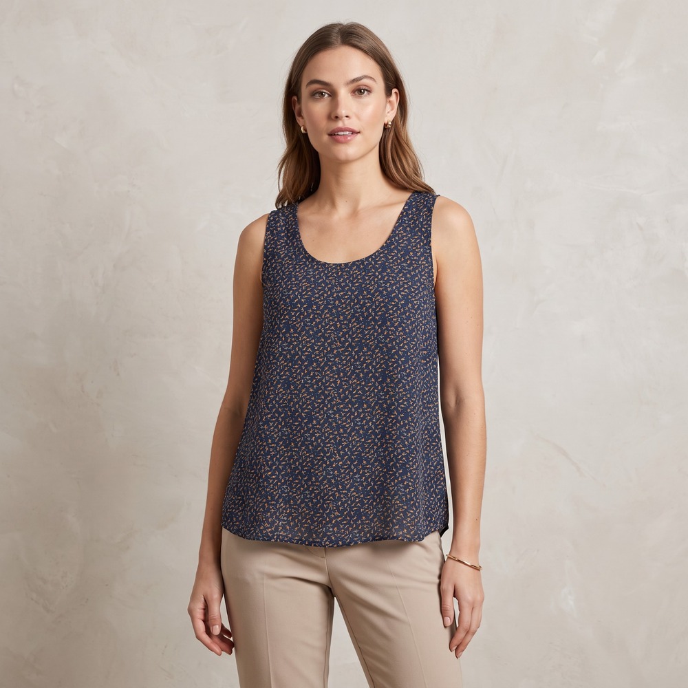 DR2 Ditsy Floral Tank Top Navy Orange Chiffon Scoop Neck Cottage Boho Moody M